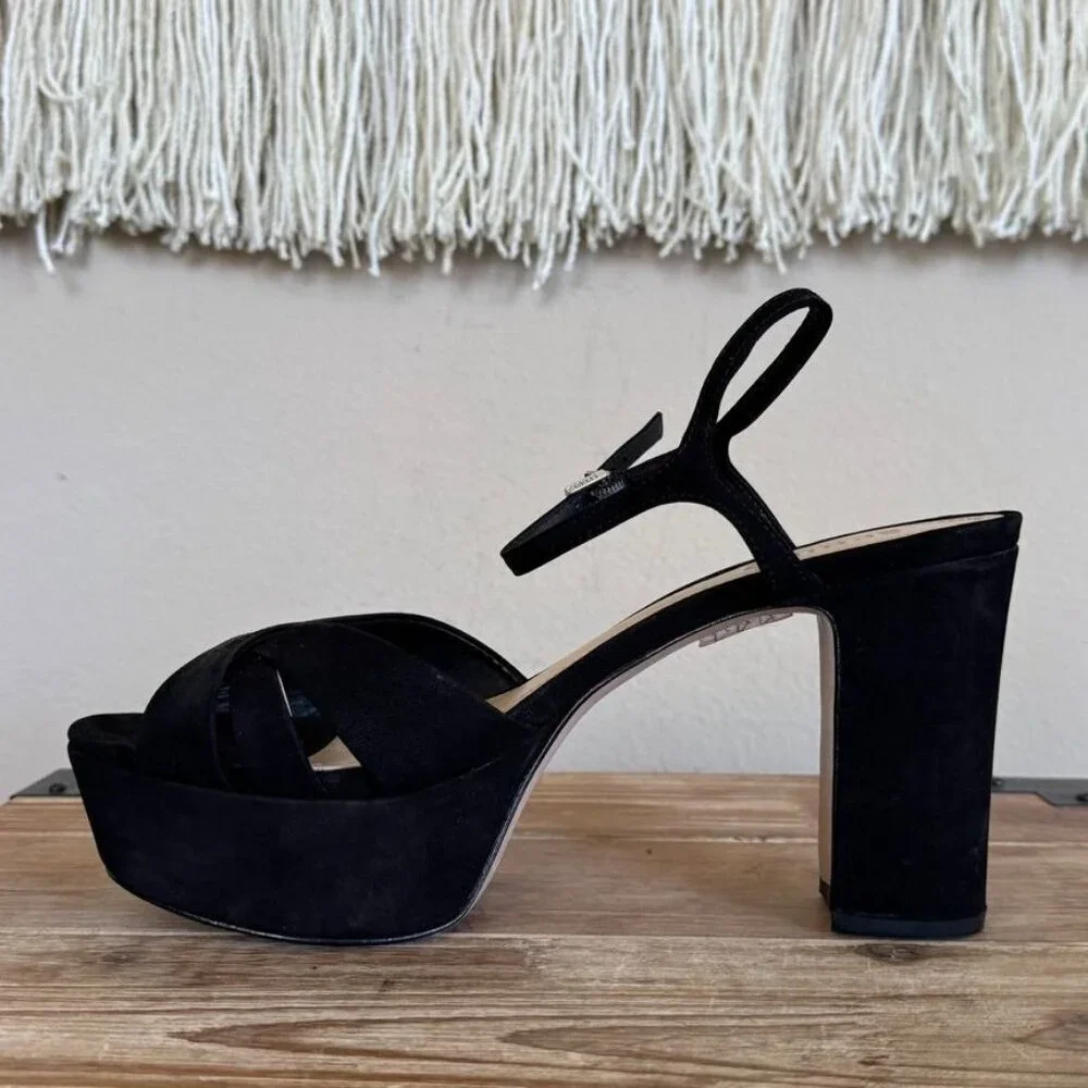 SCHUTZ Keefa Black Suede Open Toe Ankle Strap Platform 70s Evening Sandal Size 8